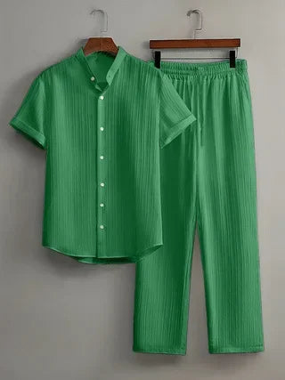 Textured Button Down Shirt and Drawstring Pant Outfit - Palm and Thread