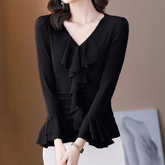 Ruffle Long Sleeve Slim Basic Top - Palm and Thread