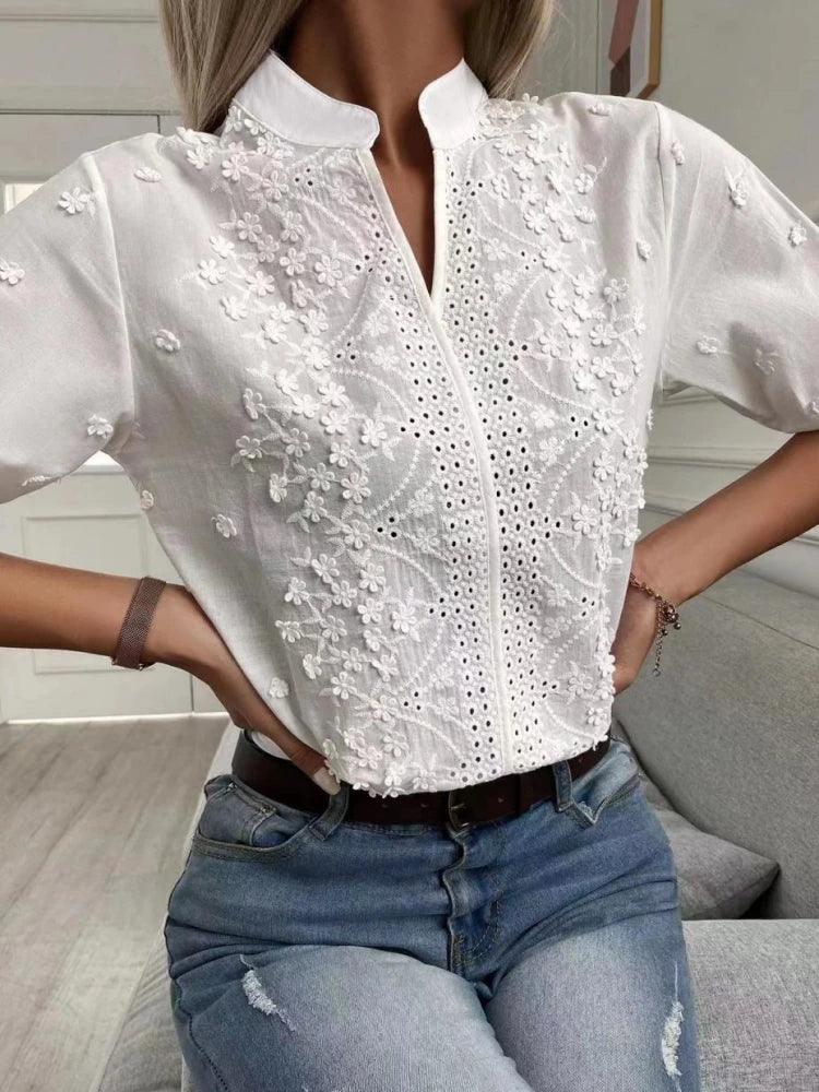 Embroidery V-neck Lantern Sleeve Blouse - Palm and Thread