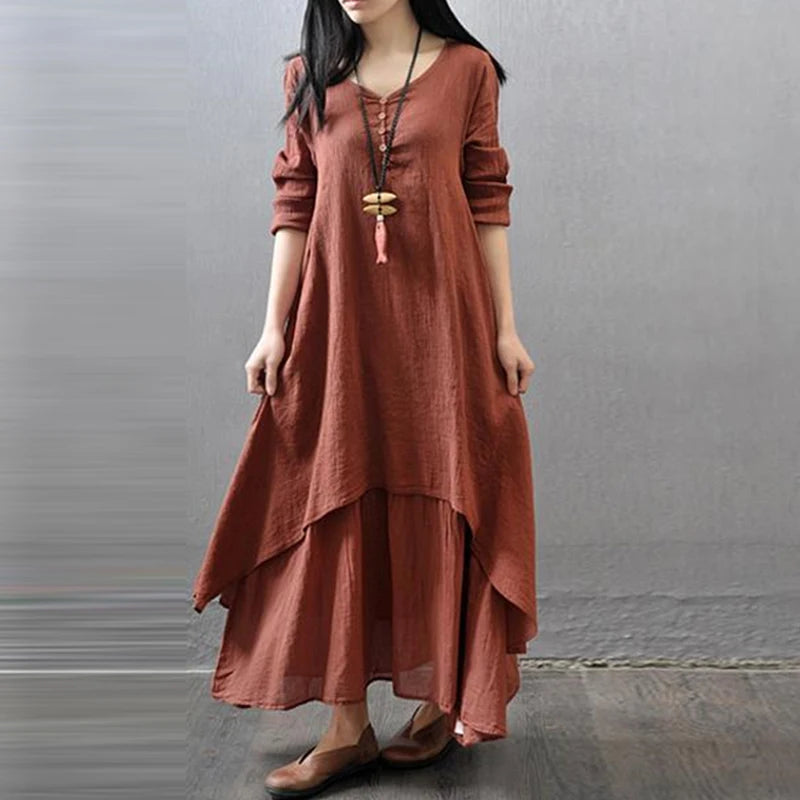 Vintage Ethnic Style Irregular Cotton Linen Dress - Palm and Thread