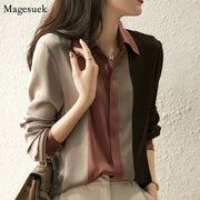 Satin Button New Vintage Long Sleeve Polo Collar Blouse