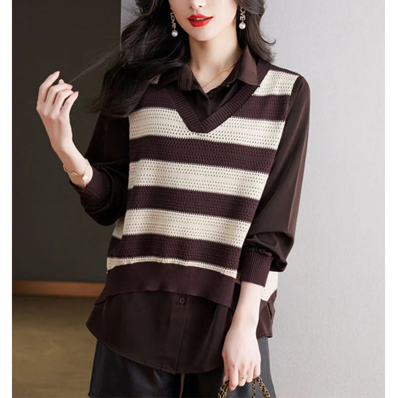 Striped Knitted Fake Two-piece Blouse - Palm and Thread