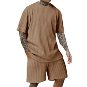 crew-neck vertical stripe T-shirt shorts short-sleeved suit