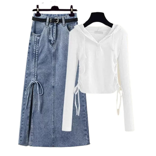 Hooded Drawstring Top + Denim Skirt Matching Set - Palm and Thread