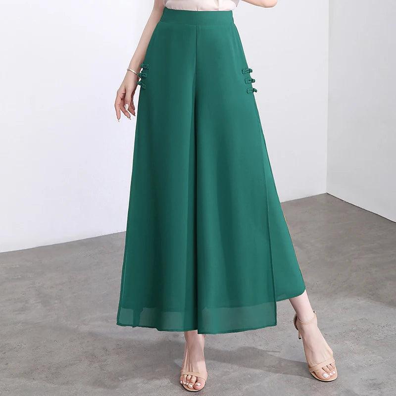 Side Slit Chiffon Thin Elastic Waist Wide Leg Pants Chic Droop - Palm and Thread