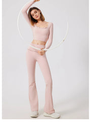 Padded Long Sleeve Crop Top & High Waist Flared Leggings