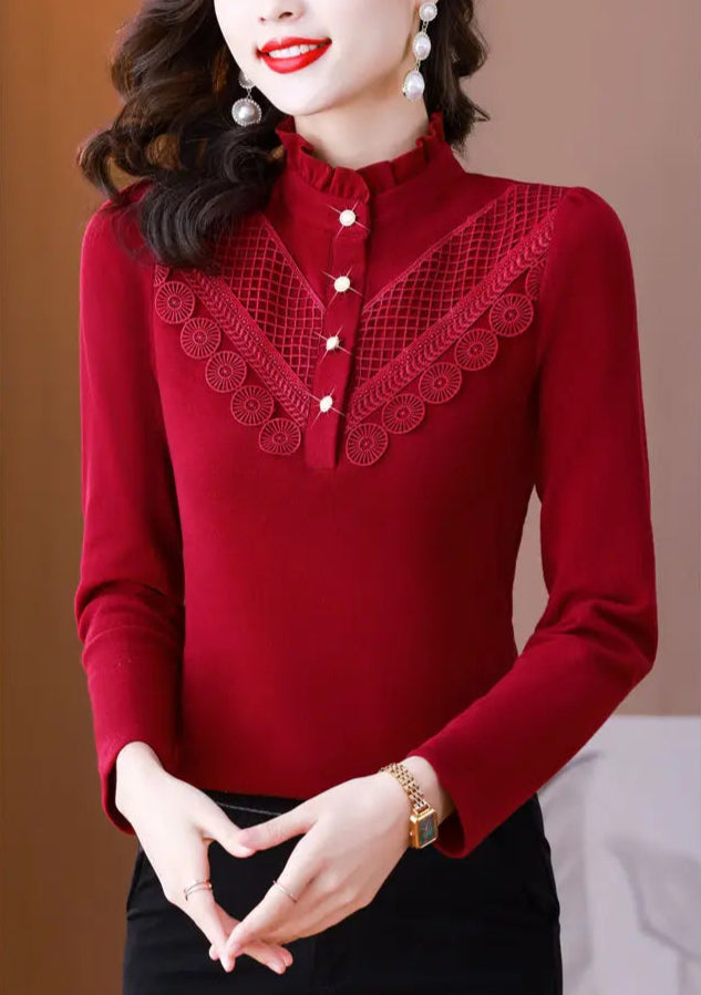 Elegant Ruffle Lace Slim Warm Long Sleeve Basic T-shirt - Palm and Thread