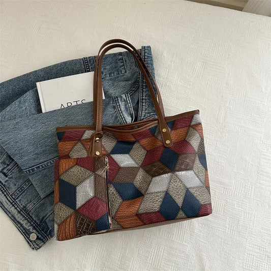 Vintage Patchwork PU Leather Casual Tote Bag - Palm and Thread