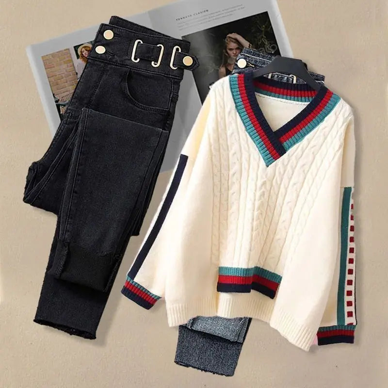 Loose V-neck Knitted Sweater + Slimming Jeans Matching Set - Palm and Thread