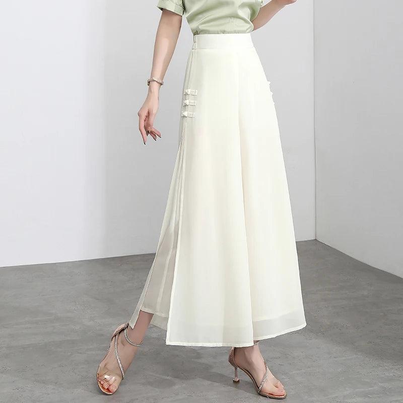 Side Slit Chiffon Thin Elastic Waist Wide Leg Pants Chic Droop - Palm and Thread