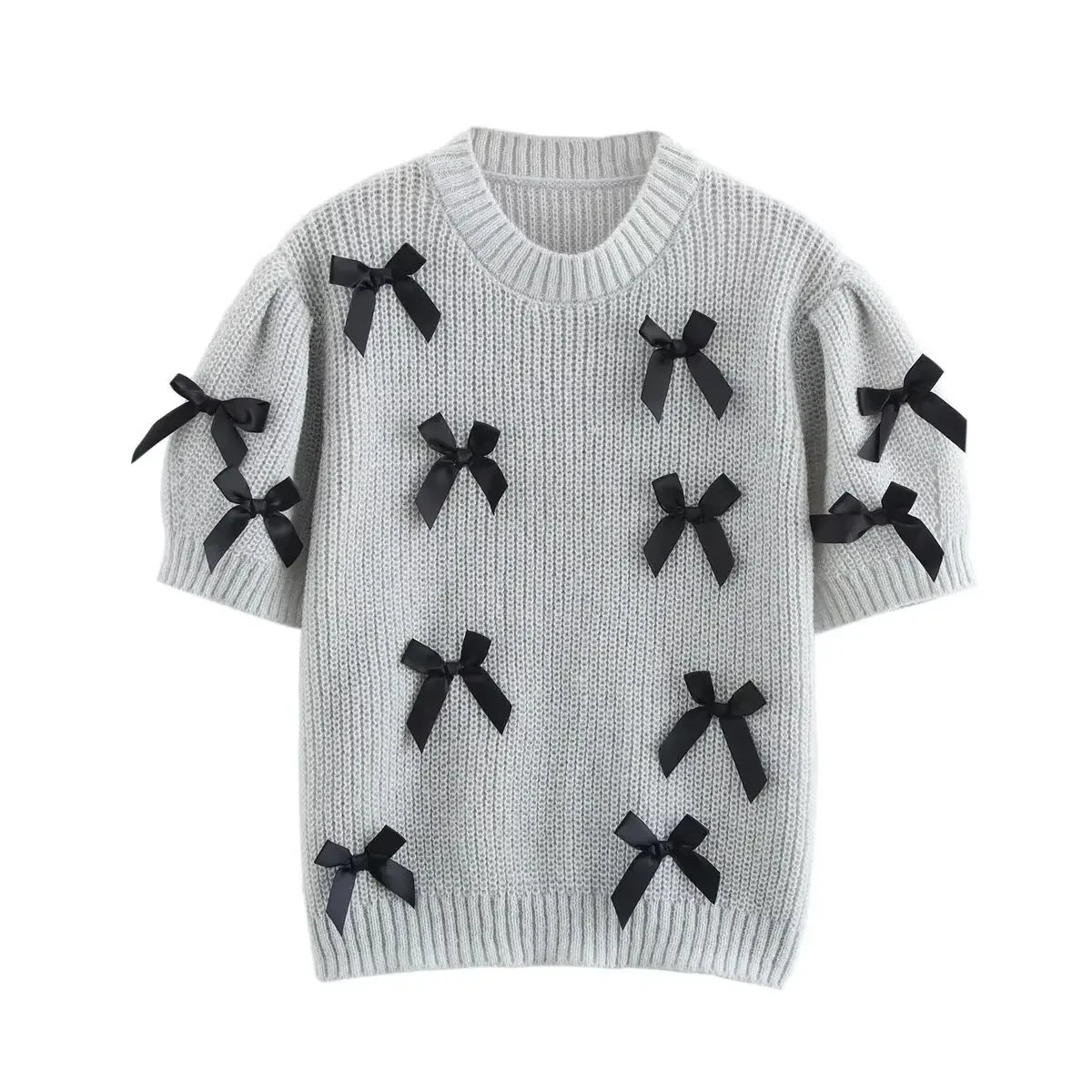 Bow Puff Short Sleeve Crop Knit Sweater - Palm and Thread