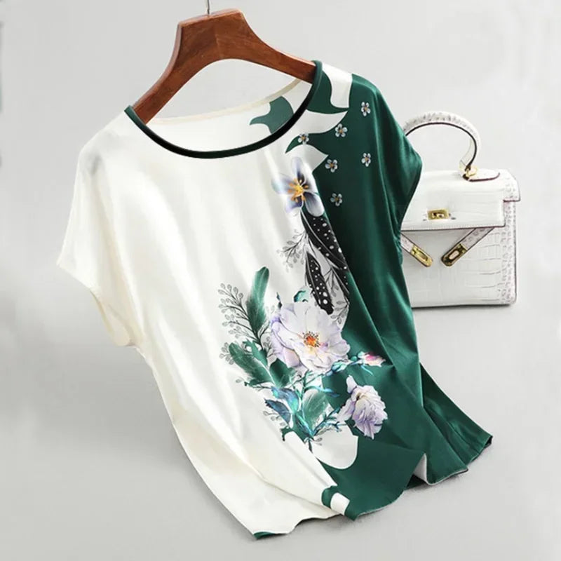 Silk Satin Floral Print O Neck Short Sleeve Casual Office Top - Palm and Thread