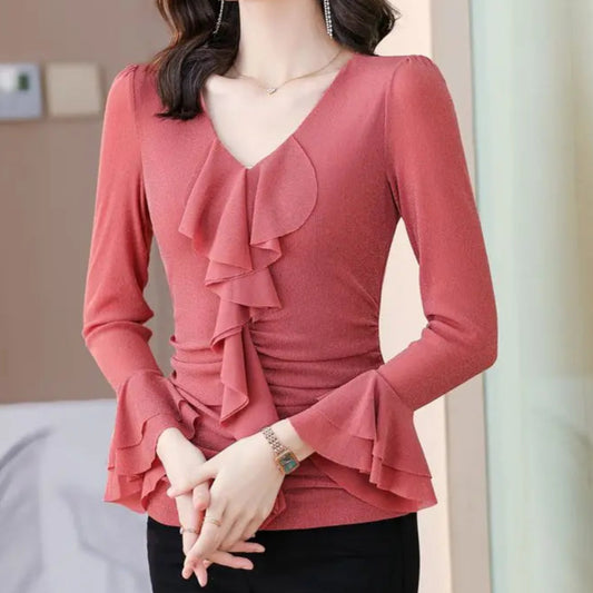 Ruffle Long Sleeve Slim Basic Top - Palm and Thread