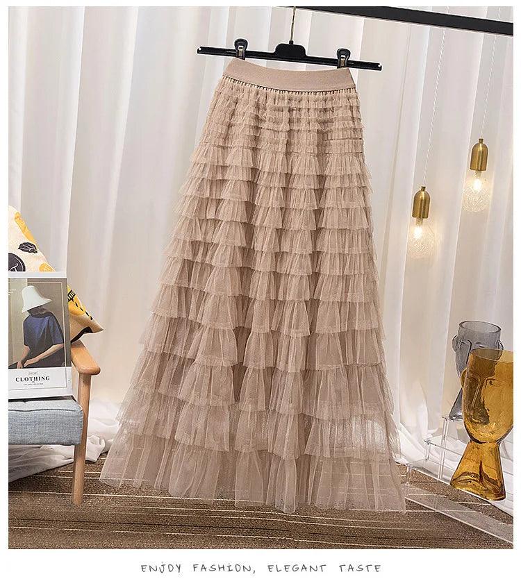 A-line Gauze Spliced Solid Color Loose Skirt - Palm and Thread