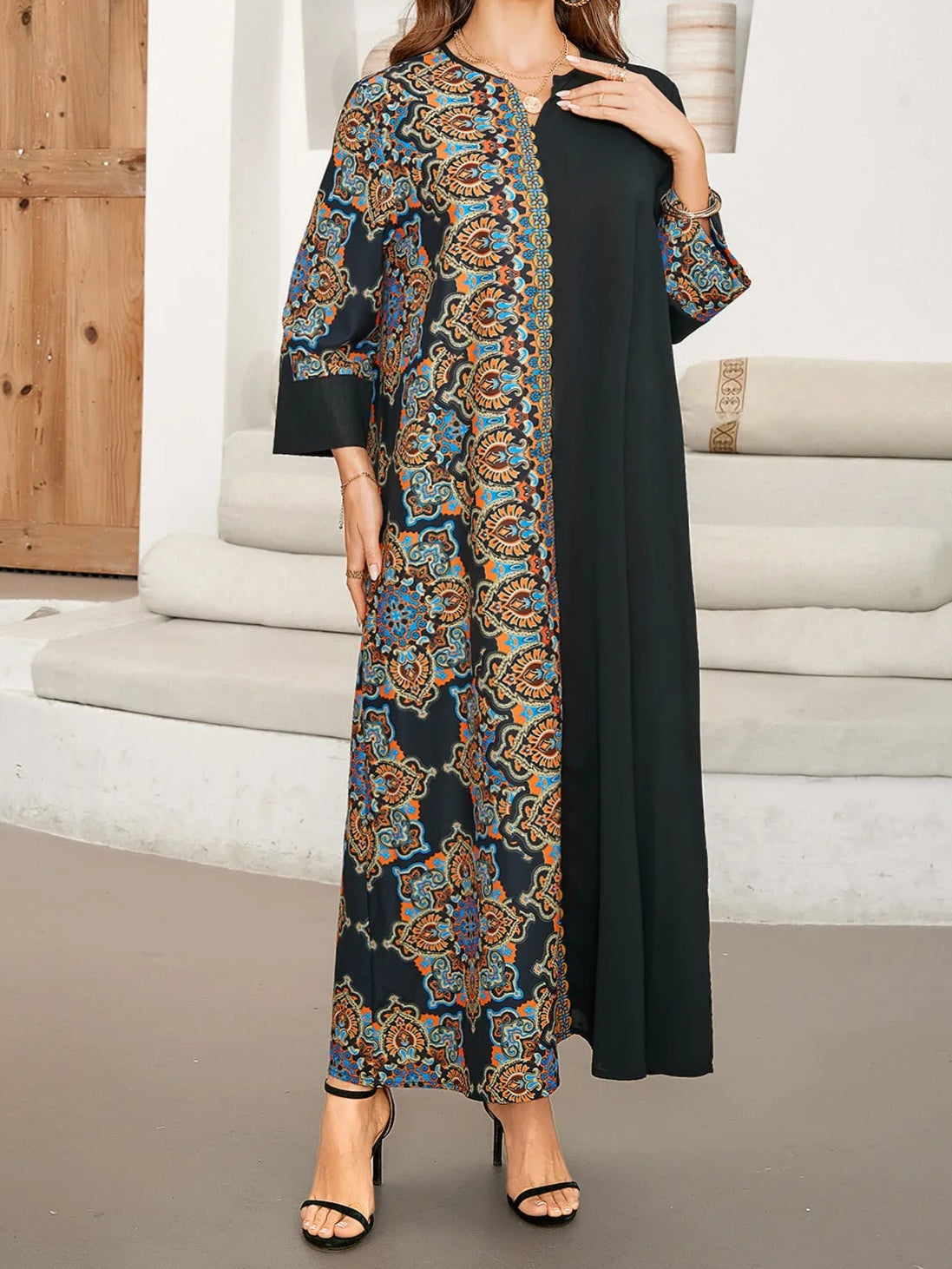 Black Long Print Dress Abaya - Palm and Thread