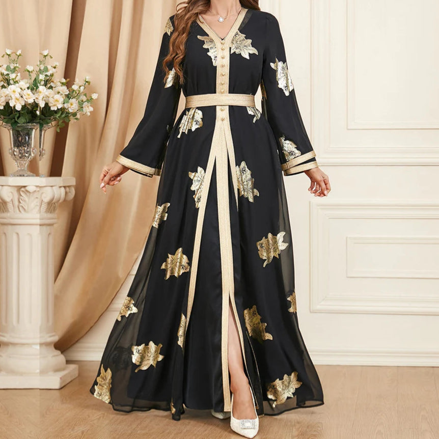 Gold Black Stamping Abaya Dress - Palm and Thread