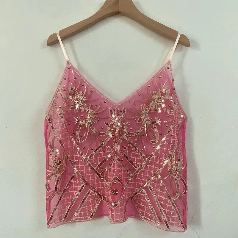 Sequin Bead Sling Slim Fit Straight Tank Top - Palm and Thread