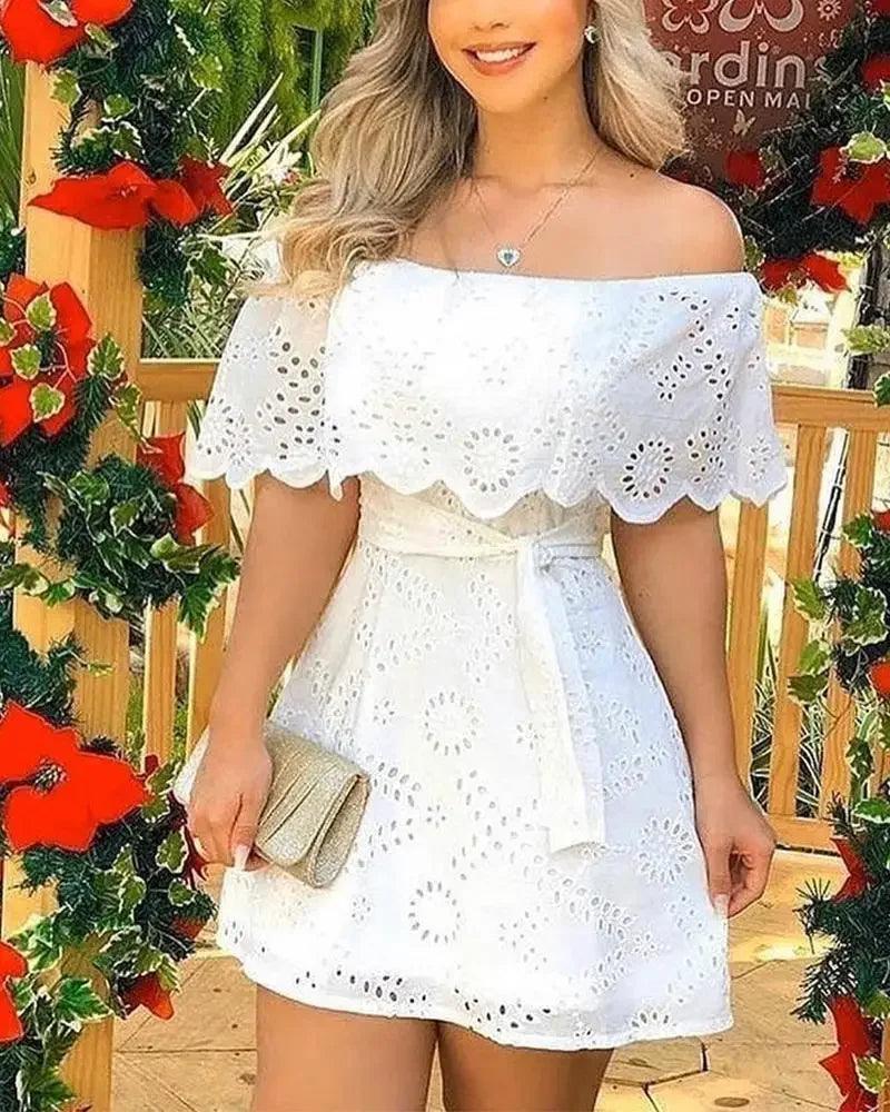 Hollow Out White Off Shoulder Lace Up Mini Dress - Palm and Thread