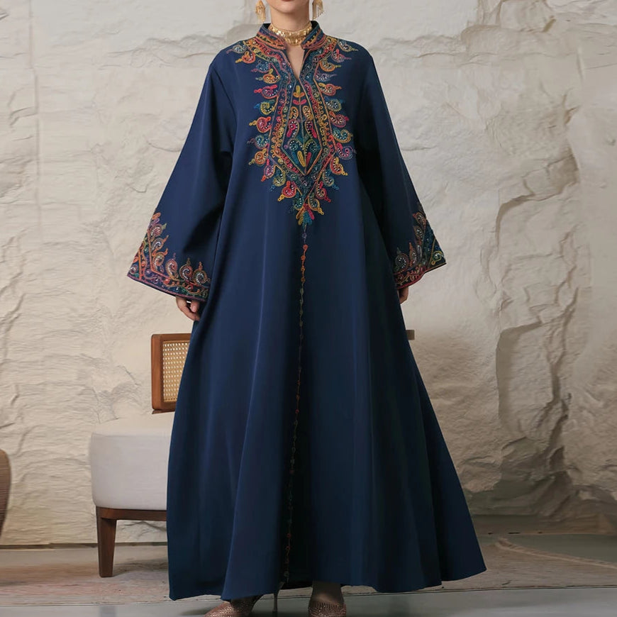 Embroidery V-Neck Long Dress Abaya - Palm and Thread