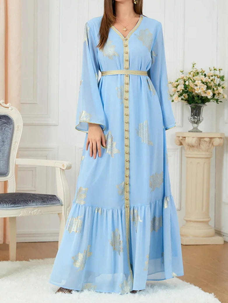 Iron Long Sleeve V-Neck Button Dress Abaya - Palm and Thread