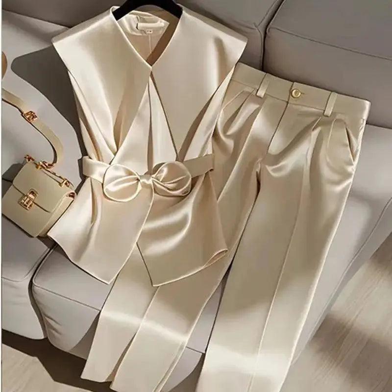 Satin Elegant OL Peter Pan Collar Bow Sleeveless Vest + High Waist Wide Leg Pant Two Piece Set - Palm and Thread