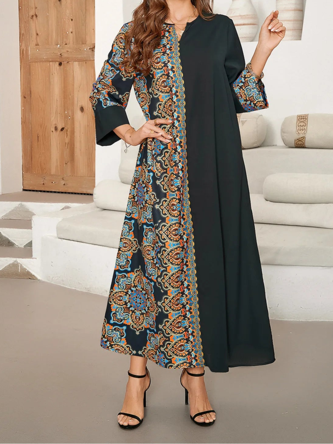 Black Long Print Dress Abaya - Palm and Thread