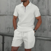 Waffle zip-up lapel short-sleeve suit shorts set - Palm and Thread