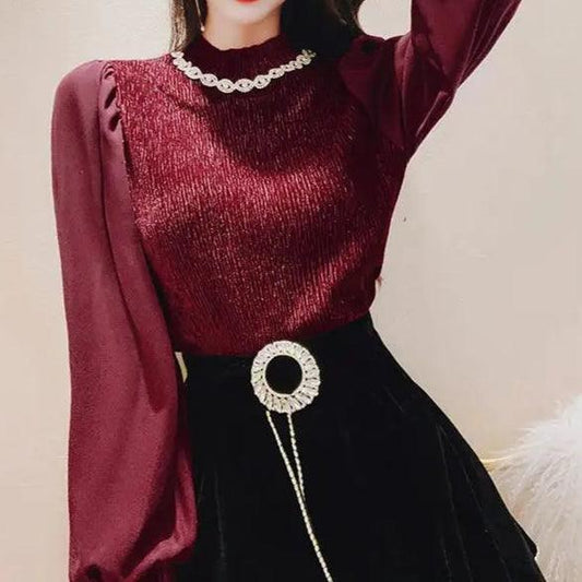 Thin Undercoat Pleated Long Sleeve Top Vintage O-neck Solid Color T-Shirt - Palm and Thread