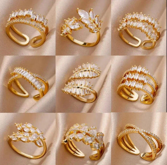 White Zircon Flower Leaf Shape Stainless Steel Ring - Palm and Thread