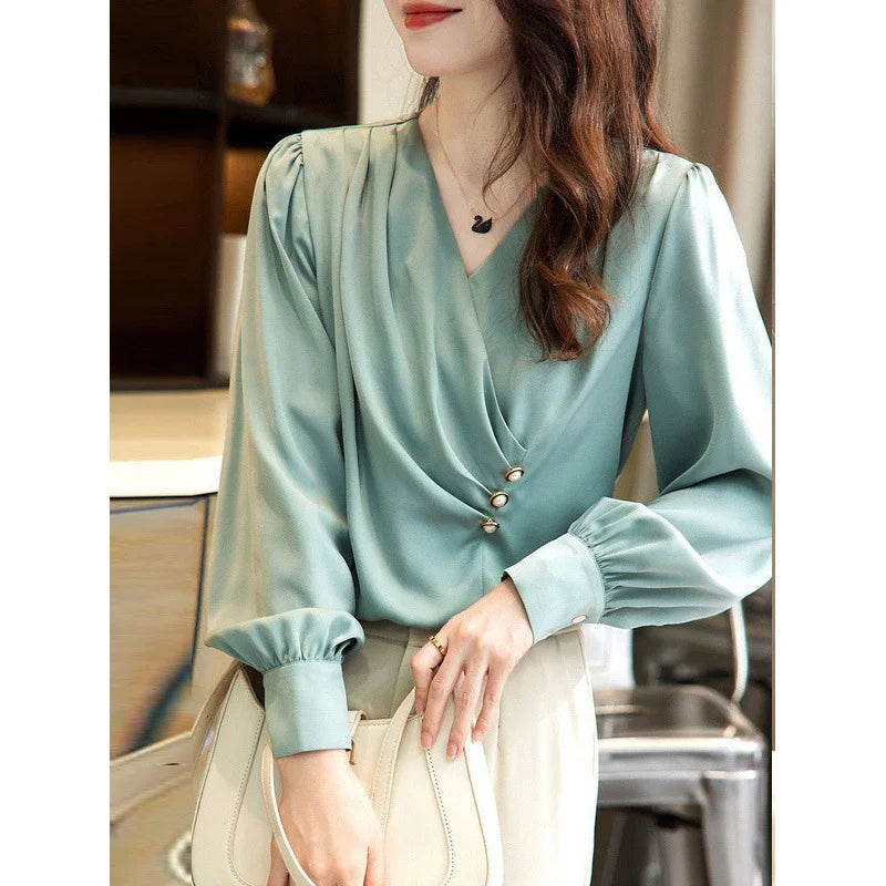 Satin Elegant Buttons Ruffled Blouse - Palm and Thread