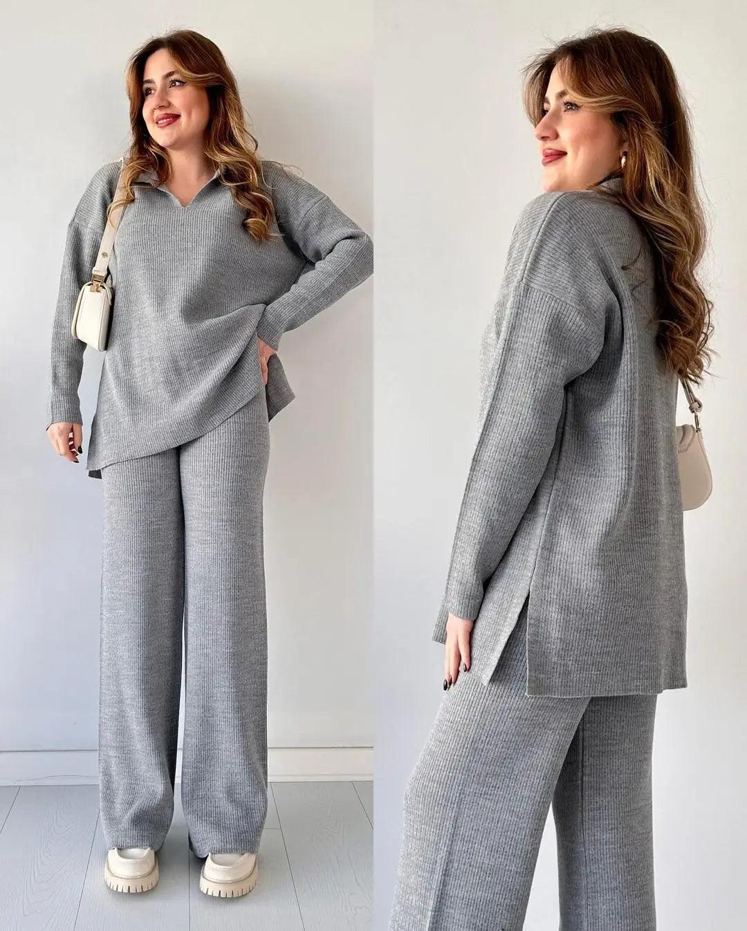 Two Piece Pant Sets Knit Sweater V Neck Full Sleeve Splice Loose Fit Trousers Matching Sets - Palm and Thread