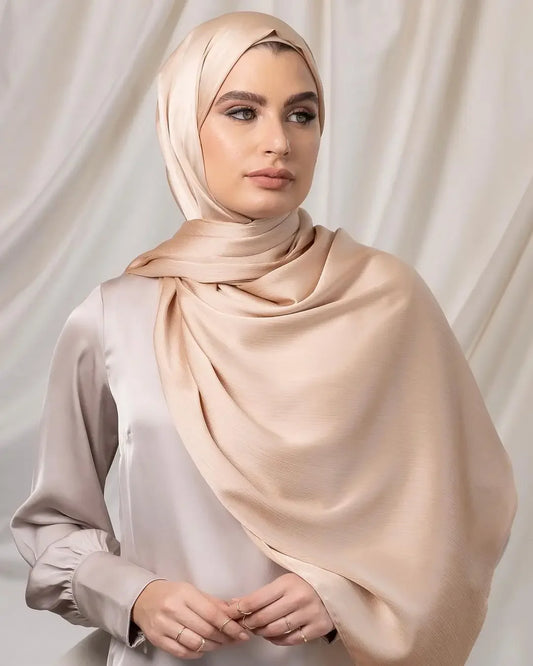 Long Trendy Silk Crepe Satin Crinkle Hijab Headscarf - Palm and Thread