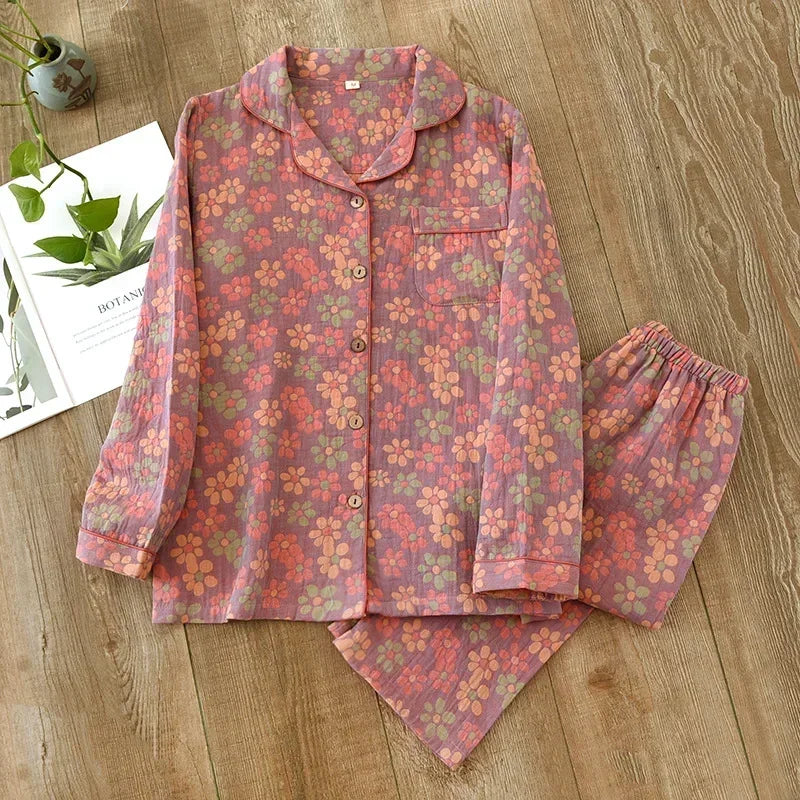 Long-sleeved trousers two-piece cotton crepe flower leaves Pajama set - Palm and Thread