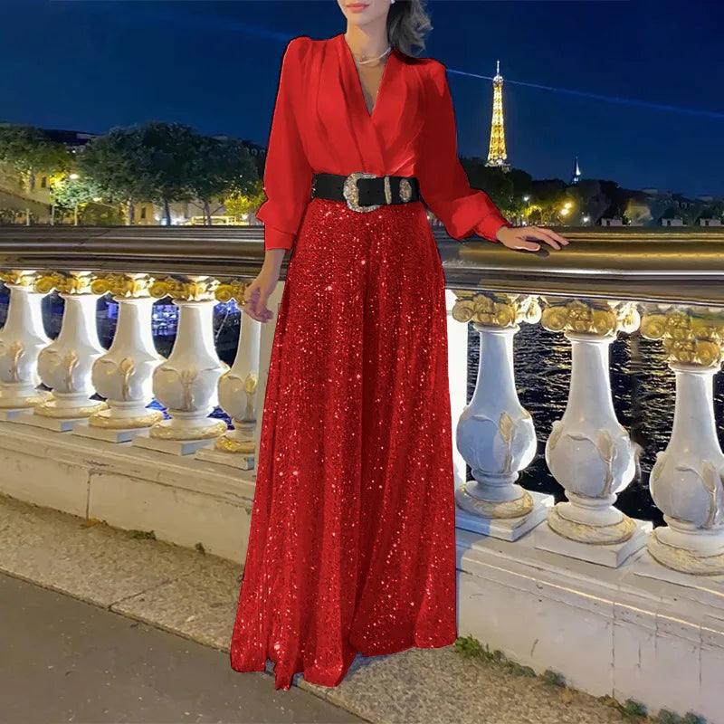 V-neck Long Sleeved Elegant V-neck Waist Sequin Wide Leg Jumpsuit - Palm and Thread