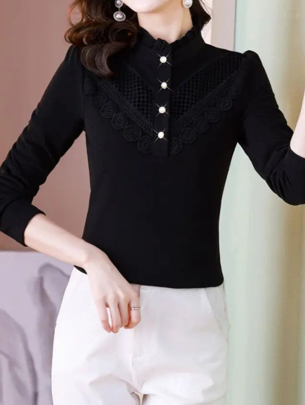 Elegant Ruffle Lace Slim Warm Long Sleeve Basic T-shirt - Palm and Thread