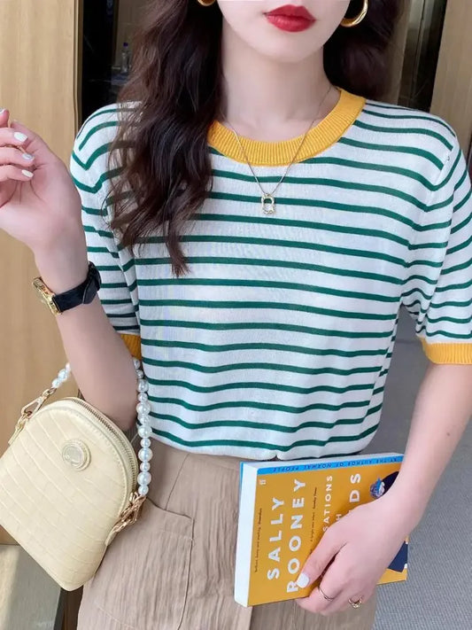 Knitted Round Collar Print T-Shirt - Palm and Thread