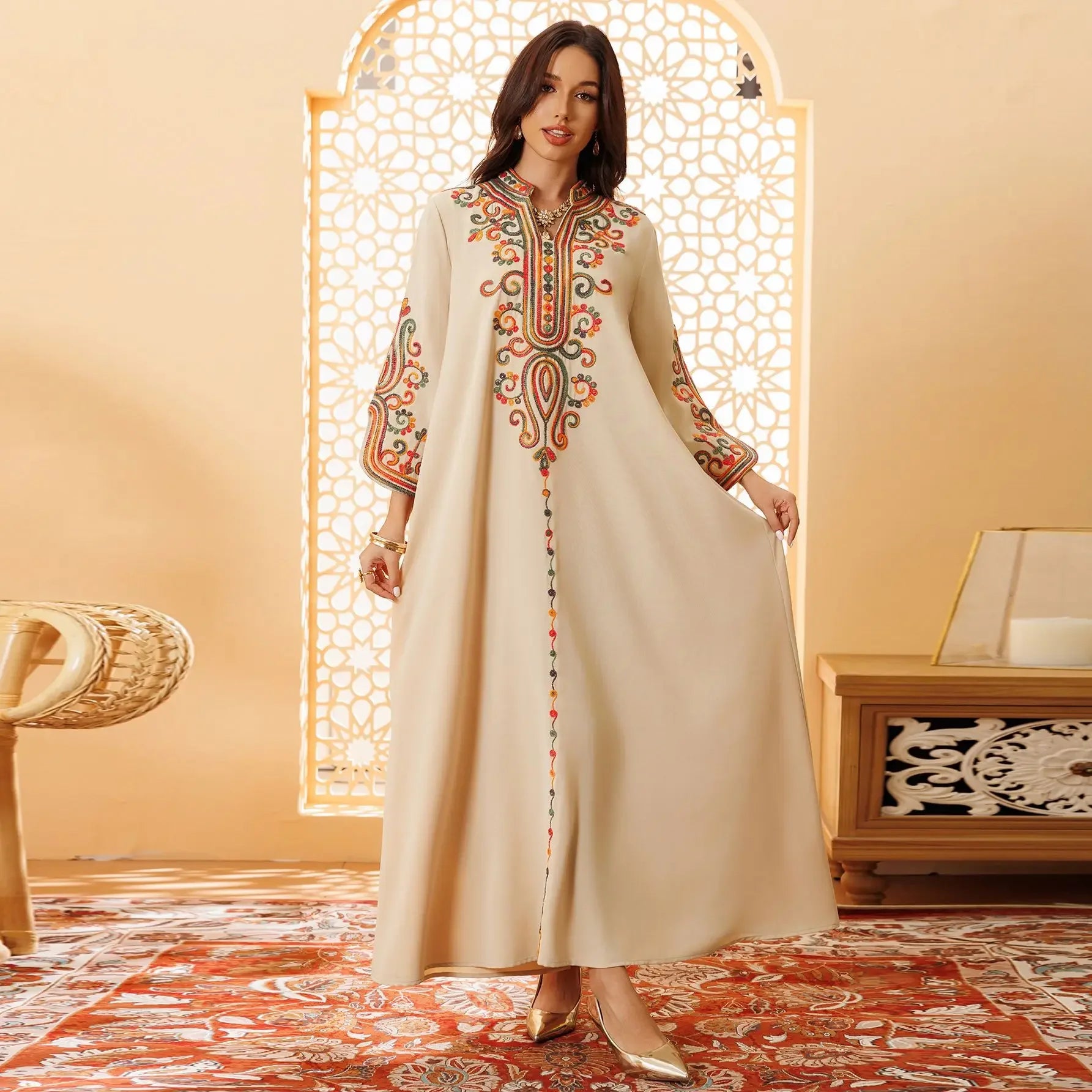 Elegant Long Sleeve V-neck Embroidery Abaya - Palm and Thread