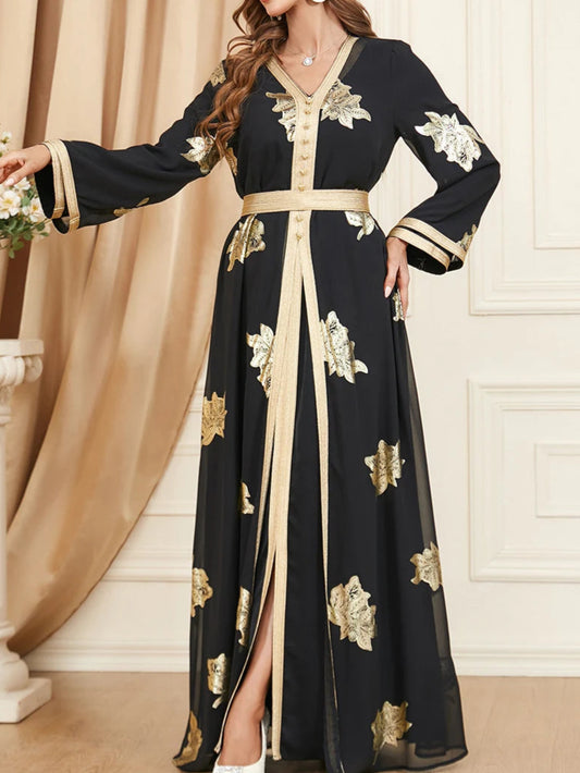 Gold Black Stamping Abaya Dress - Palm and Thread