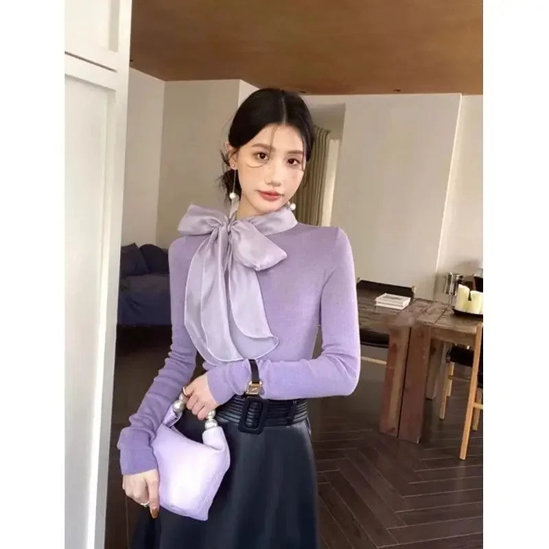 Temperament Bow Tie Long Sleeve Knitted Top - Palm and Thread