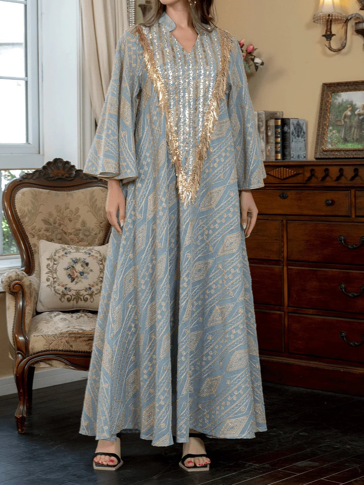 Embroidered Sequined Robe Abaya - Palm and Thread