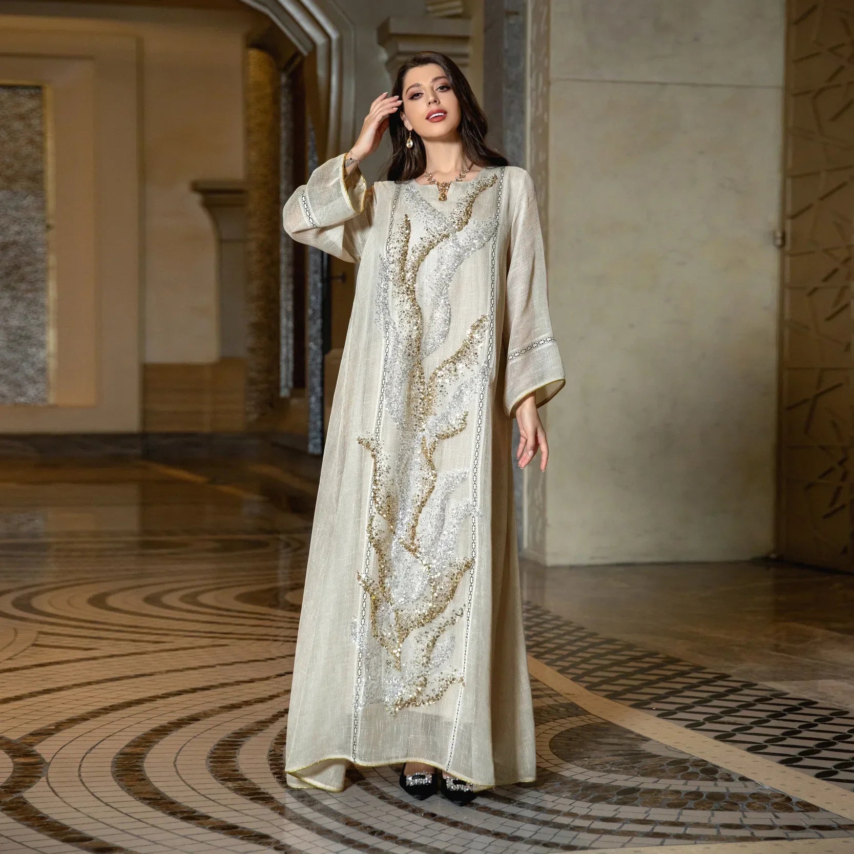Luxury Robe Kaftan Mesh Beaded Embroidered Dress Abaya - Palm and Thread