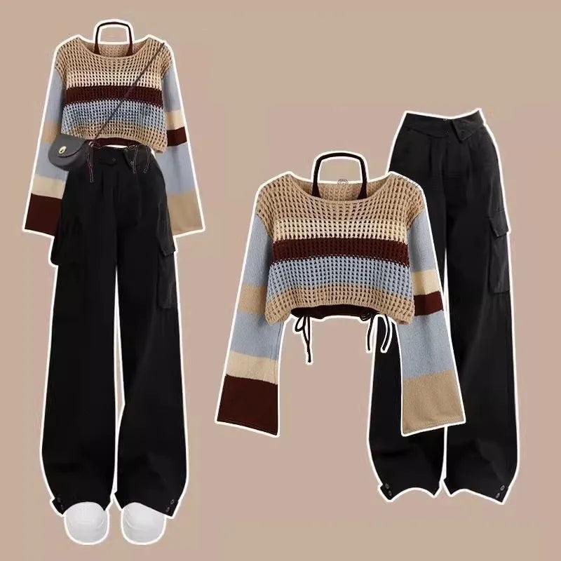 Hollow Stripe Long Sleeved Knitwear+Strap+Cargo Pants Matching Set - Palm and Thread