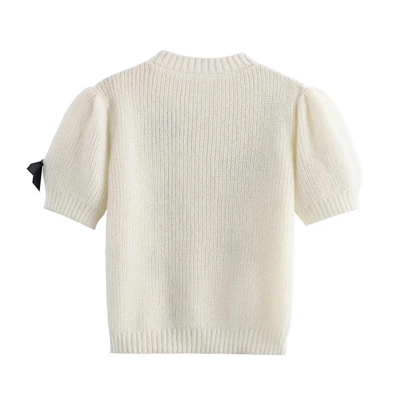 Bow Puff Short Sleeve Crop Knit Sweater - Palm and Thread