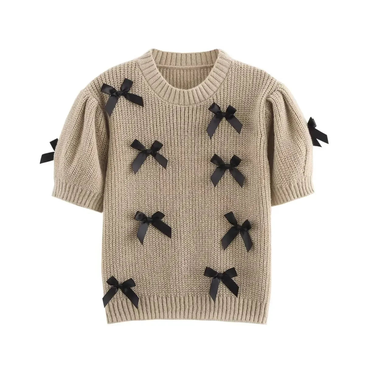 Bow Puff Short Sleeve Crop Knit Sweater - Palm and Thread