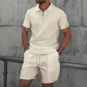 Waffle zip-up lapel short-sleeve suit shorts set - Palm and Thread
