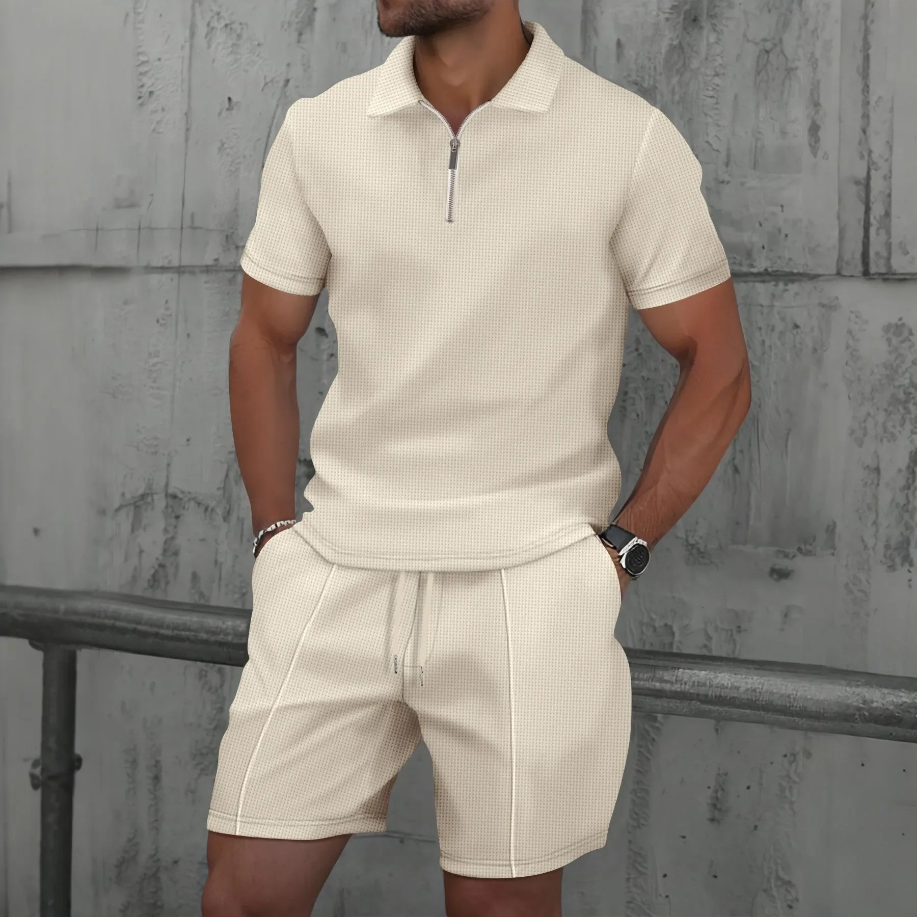 Waffle zip-up lapel short-sleeve suit shorts set - Palm and Thread