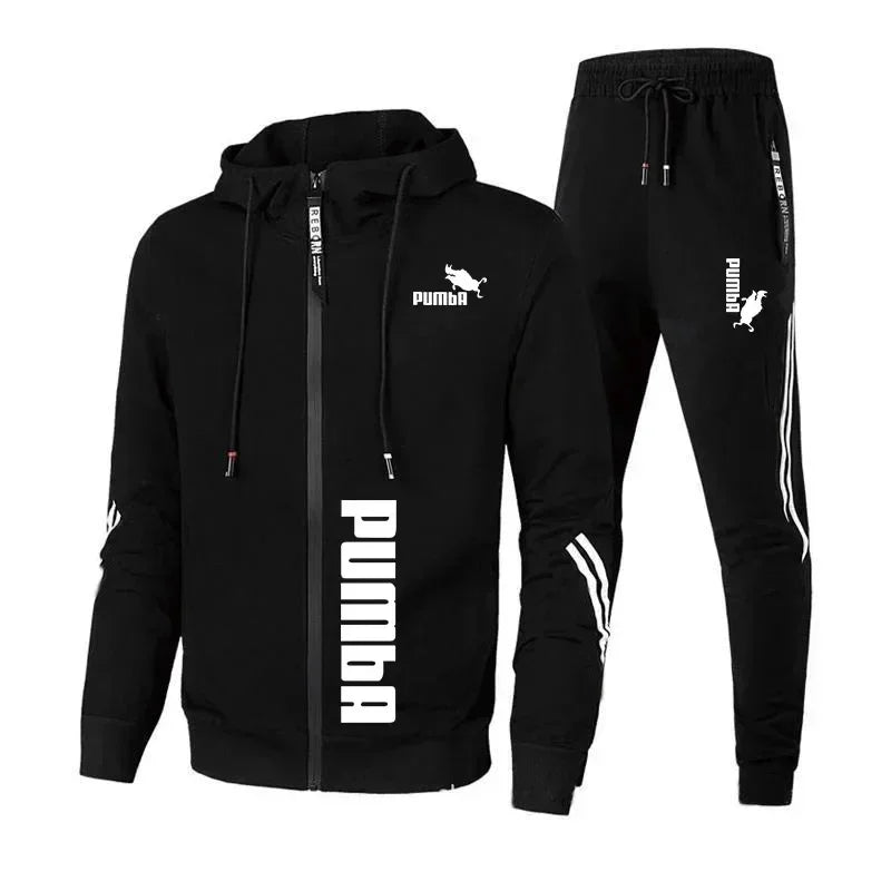 Print Zipper Hooded Jacket Coat+Slim Sweatpants Set
