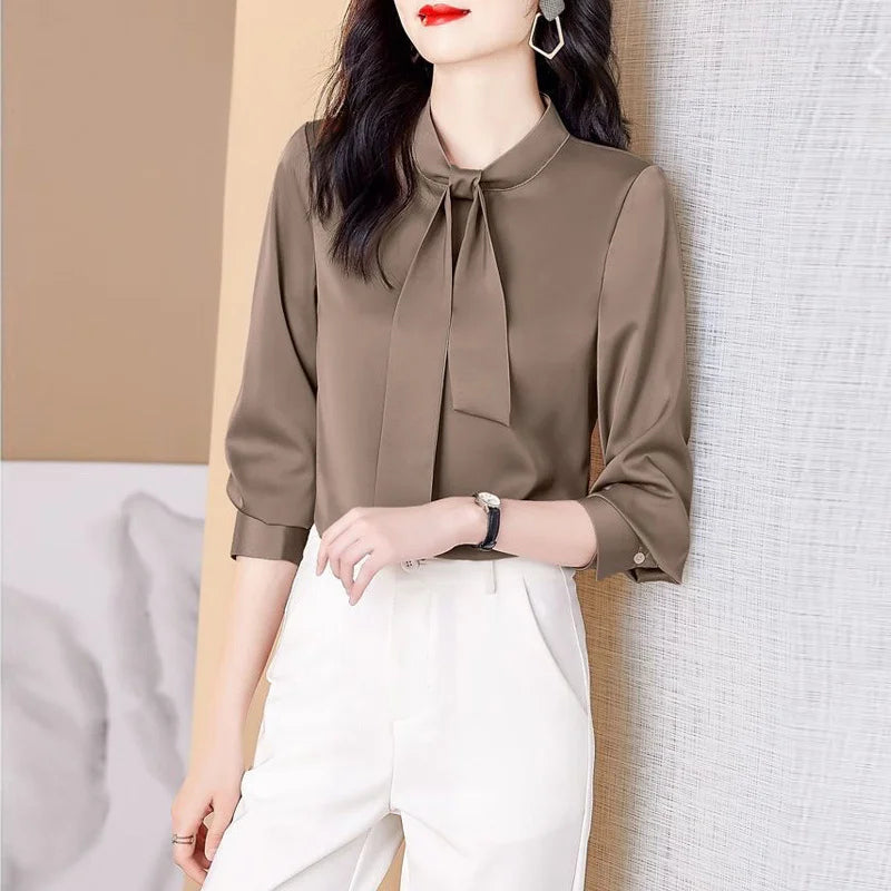 Satin Elegant Fashion Bow Tie Blouse - Palm and Thread