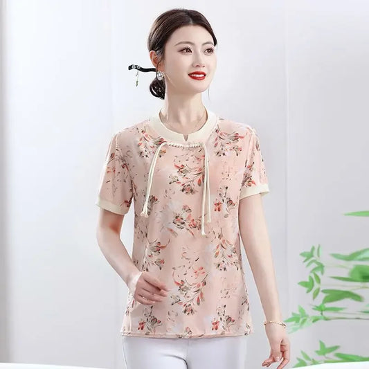 New Short Sleeve Loose Top Elegant National Style - Palm and Thread