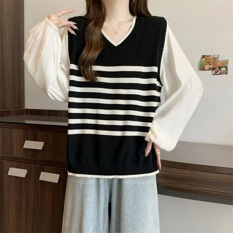 V-neck Fake Two-piece Striped Sweater - Palm and Thread